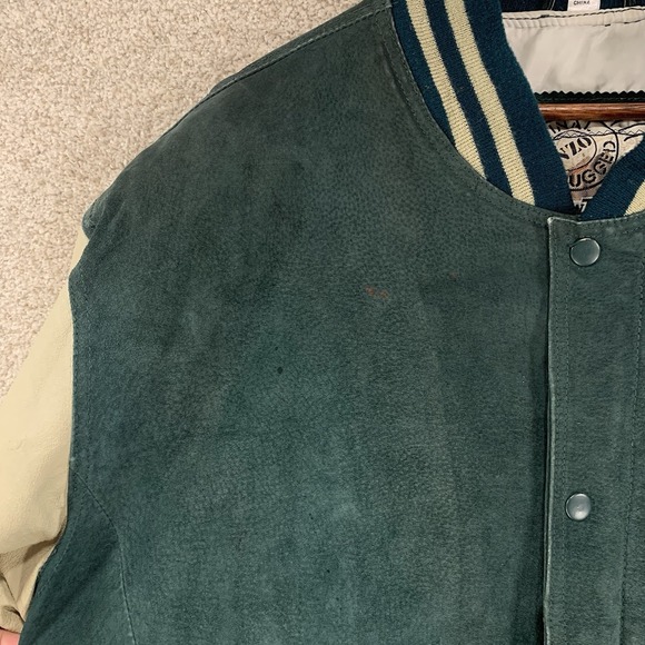 Original Rugged New Zealand Outback Varsity Jacket XL Leather VTG Green *Stains* - Picture 2 of 7